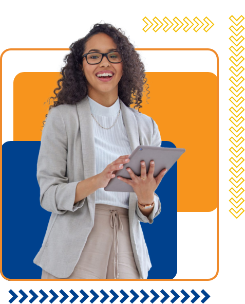 Mulher com óculos e tablet